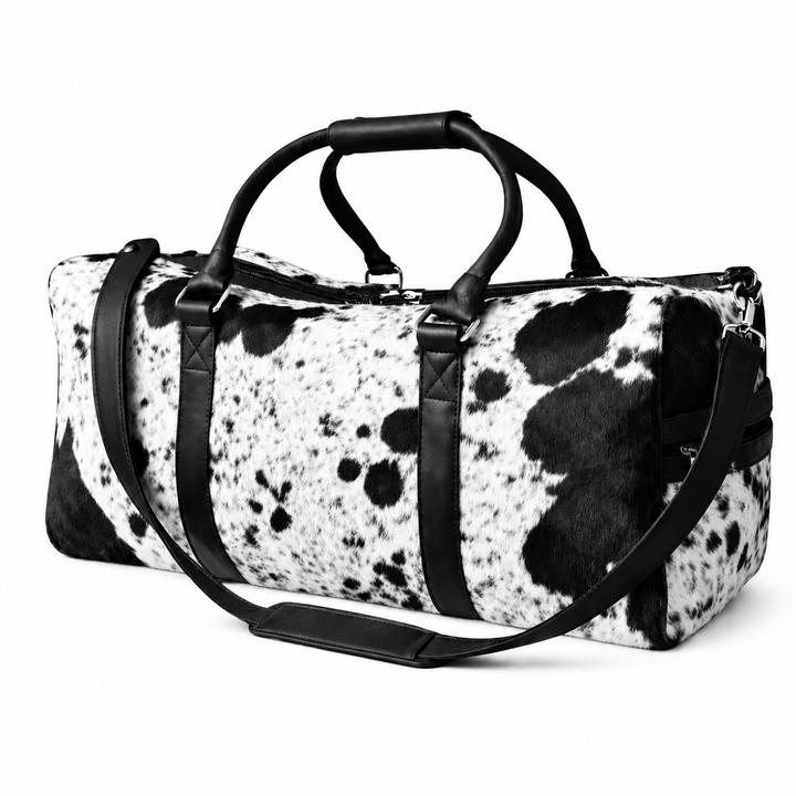 Black White Cowhide Duffle Bag  Handmade Hair On Leather Weekender Travel
