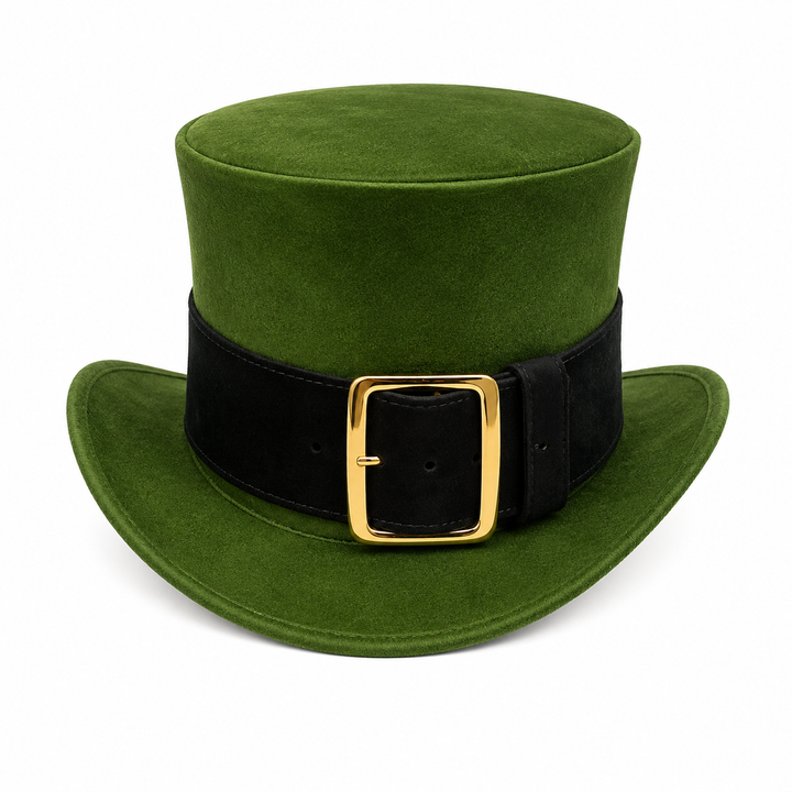 Unisex Green Leather Top Hat with Buckle Band  St Patrick Costume Accessory