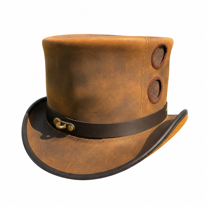 Handmade Brown Leather Steampunk Top Hat for Cosplay Costume Events