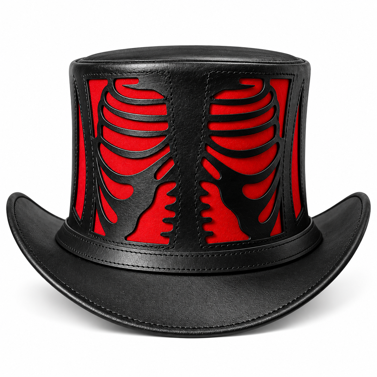 Handmade Genuine Leather Skeleton Ribcage Top Hat Black Gothic Steampunk Hat