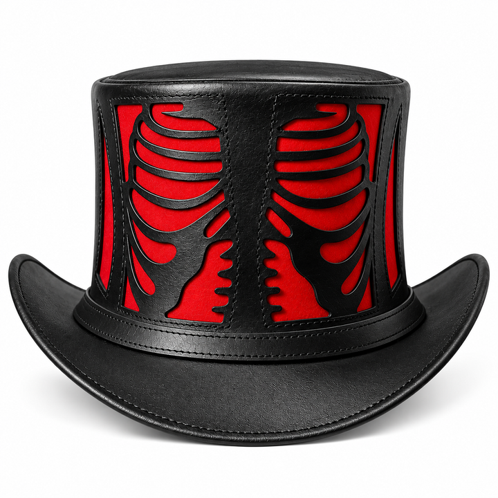 Handmade Genuine Leather Skeleton Ribcage Top Hat Black Gothic Steampunk Hat