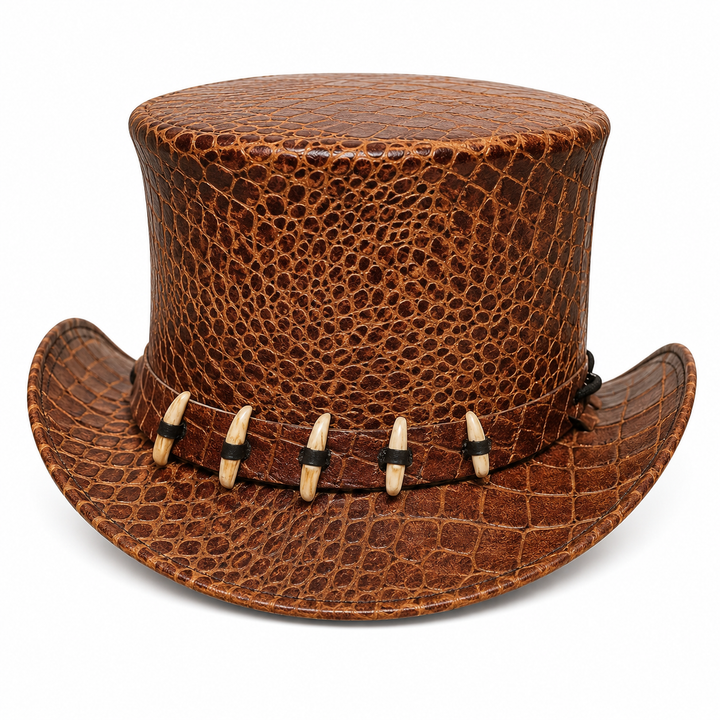 Brown Crocodile Print Leather Top Hat  Unisex Steampunk Bone Band Accessory