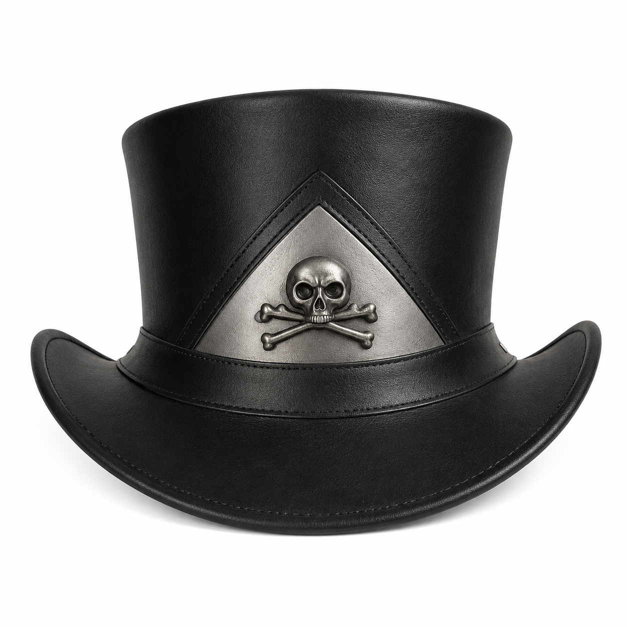 Handmade Black Leather Top Hat Gothic Steampunk with Skull Design Cosplay