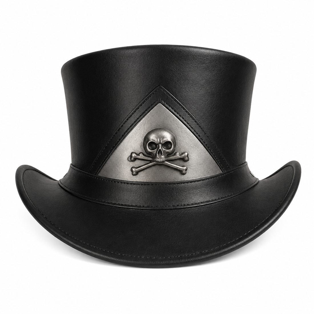 Handmade Black Leather Top Hat Gothic Steampunk with Skull Design Cosplay