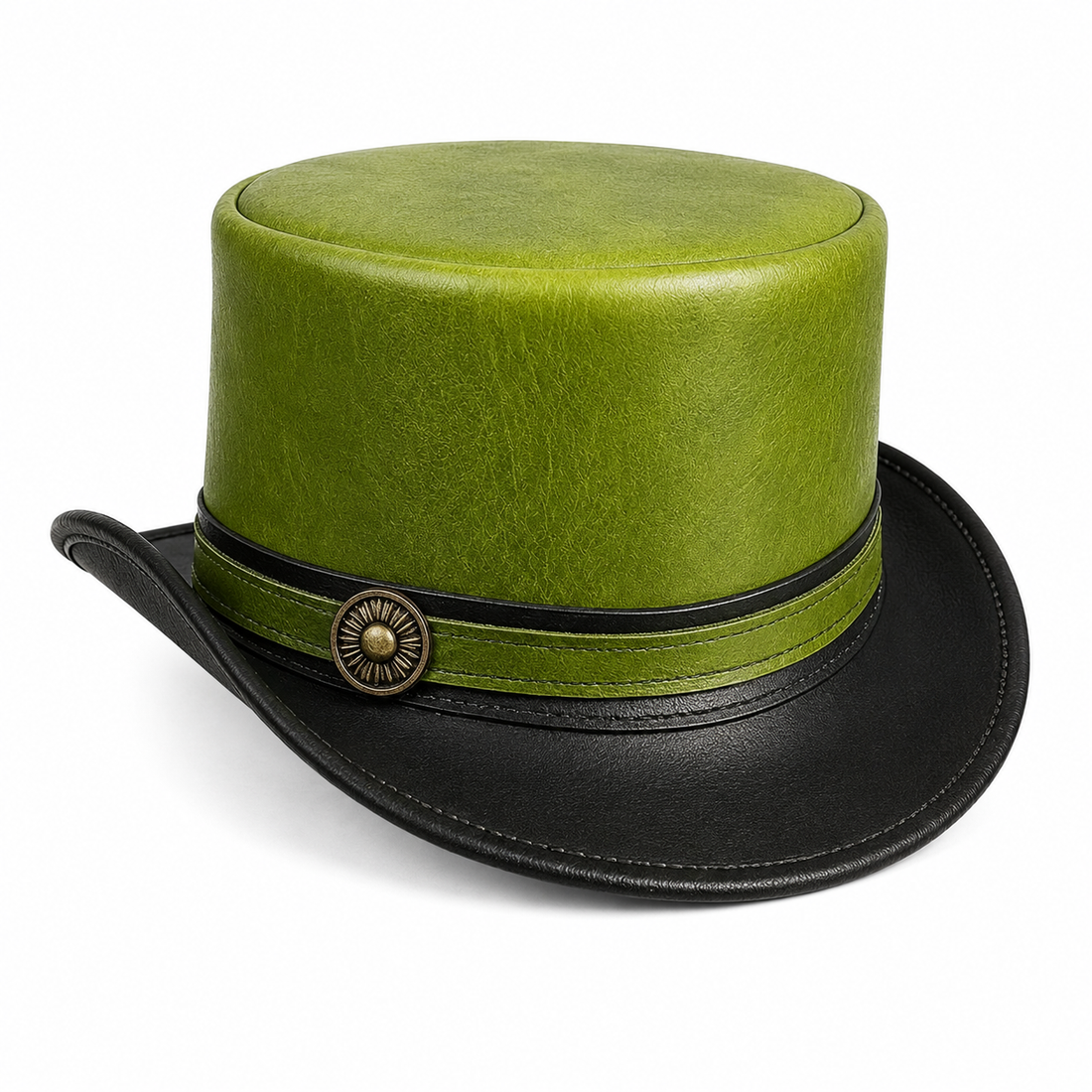 Handmade Unisex Green Leather Top Hat Steampunk Gothic Cosplay Hat