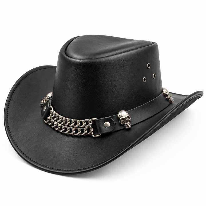 LuxHide Mens Cow Hide Leather Cowboy Western Skull Top Hat Handcrafted