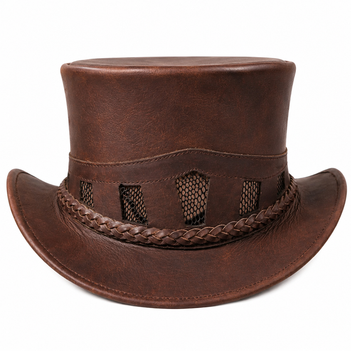 Handmade Brown Leather Steampunk Top Hat Victorian Gothic Costume Cosplay Hat