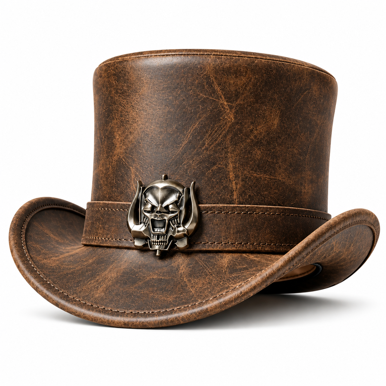 Handmade Brown Genuine Leather Top Hat Steampunk Gothic Skull Biker Festival Hat