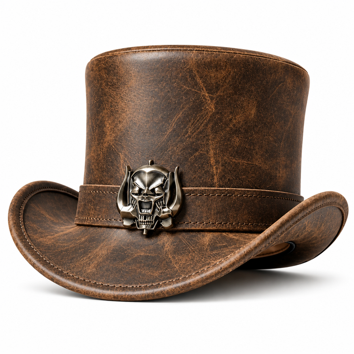 Handmade Brown Genuine Leather Top Hat Steampunk Gothic Skull Biker Festival Hat