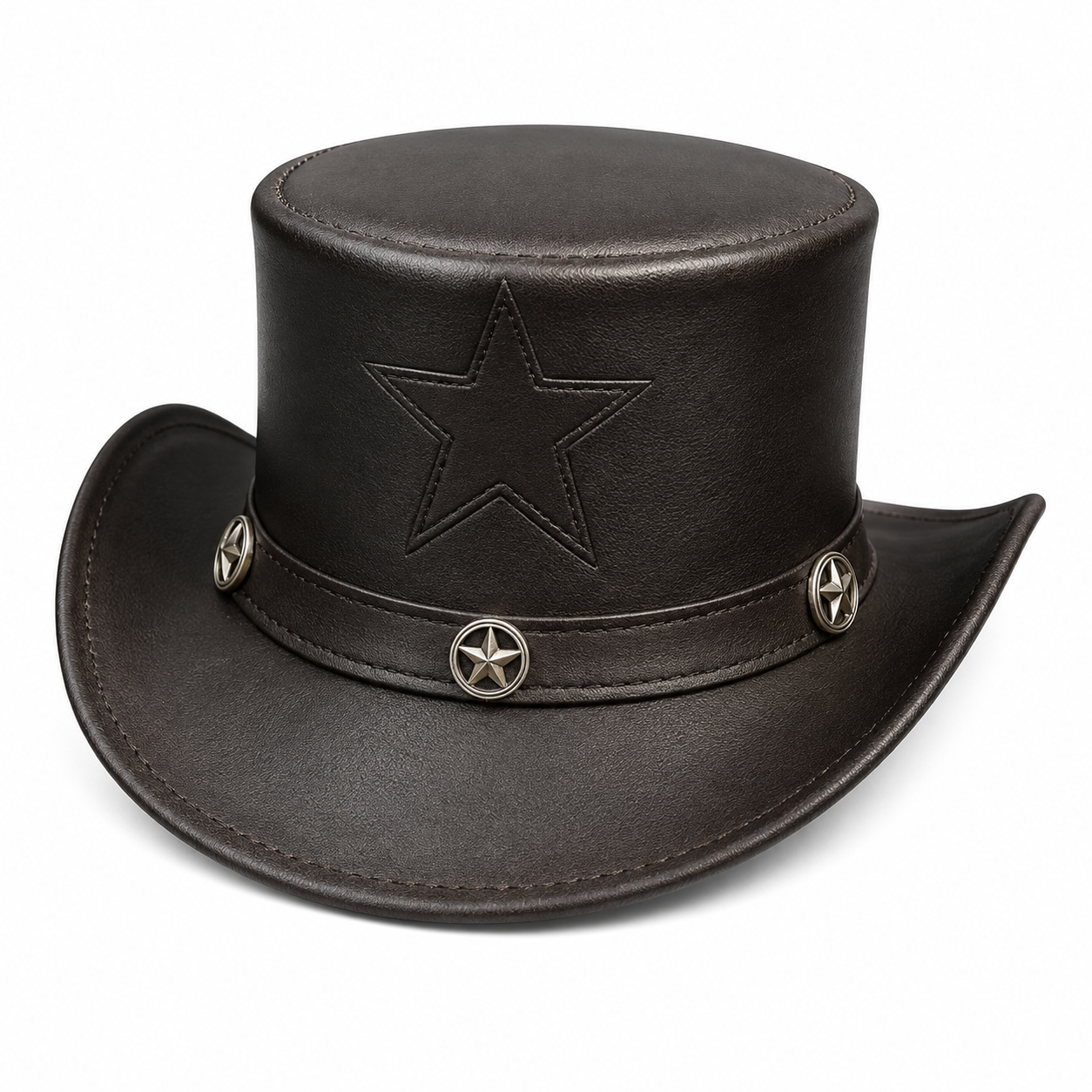 Handmade Black Leather Top Hat Steampunk Gothic Star Design Unisex Cosplay Accessory