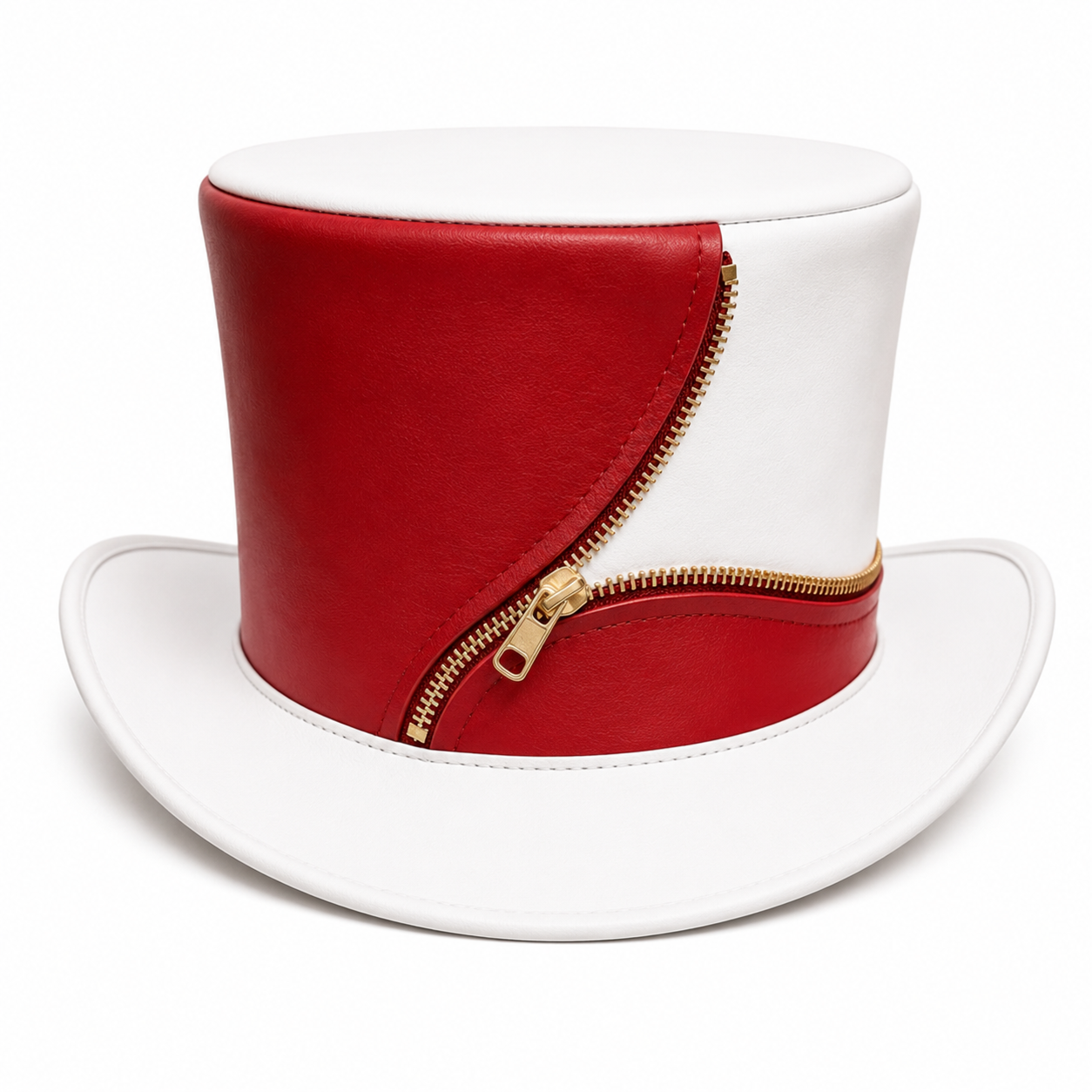Handmade Red And White Leather Steampunk Hat Gothic Top Hat with Zipper Cosplay