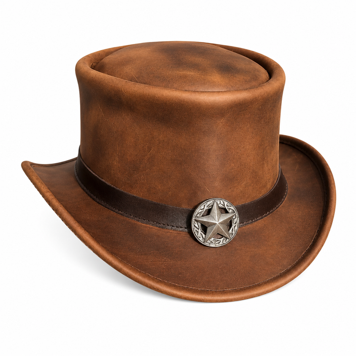 Handmade Brown Leather Top Rustic Hat Steampunk Sheriff Star Western Gothic Cosplay Festival
