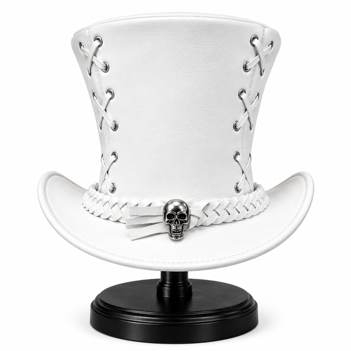 White Gothic Steampunk Top Hat Mens Womens Victorian Costume Skull Braided Hat