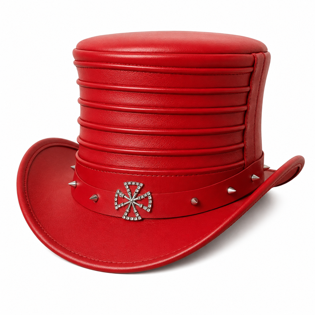 Handmade Red Leather Steampunk Top Hat  Gothic Studded Victorian Festival Hat for Men Women