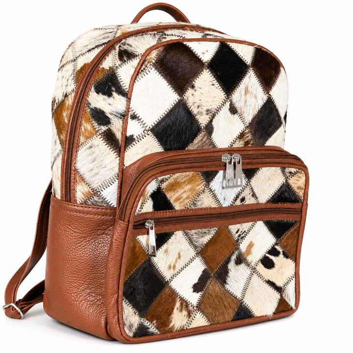 Handmade Cowhide Leather Backpack Patchwork Hair on Hide Rucksack