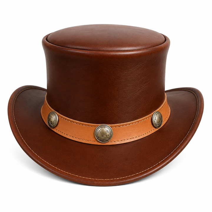 Handmade Brown Leather Top Hat Steampunk Western Hat with Concho Band
