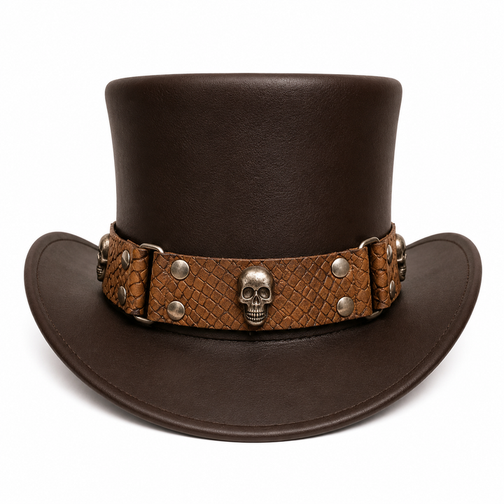 Handmade Brown Leather Skull Top Hat  Steampunk Gothic Biker Festival Style