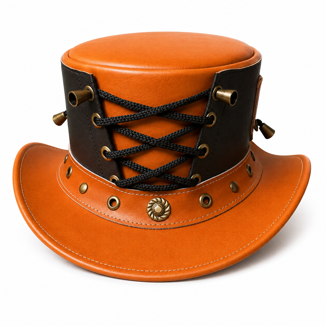 Handmade Orange Black Leather Top Hat with Corset Gothic Steampunk cosplay