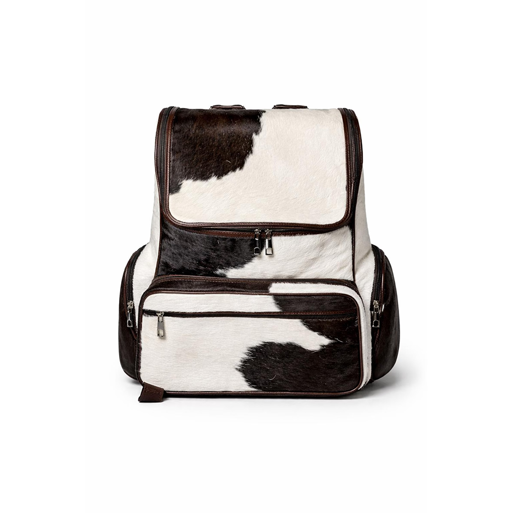 Handmade Genuine Cowhide Backpack  Brown & White Spotted Leather Backpack  Large Western Rucksack with Pockets