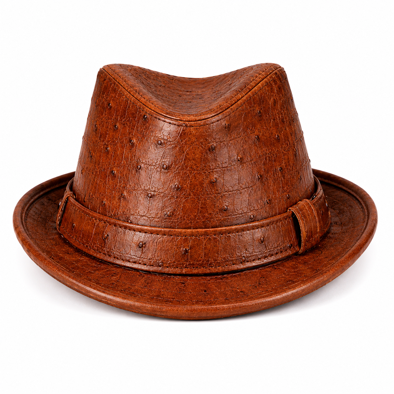 Handmade Brown Ostrich Embossed Leather Fedora Hat Stylish Mens Vintage Wide Brim