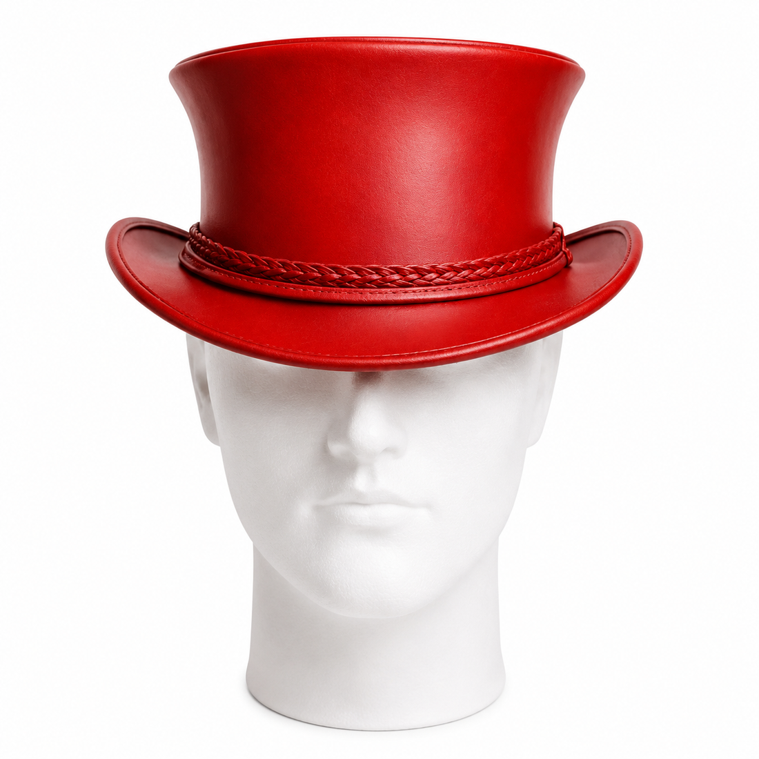 Handmade Red Leather Top Hat Braided Band Gothic Steampunk Style Unisex Accessory
