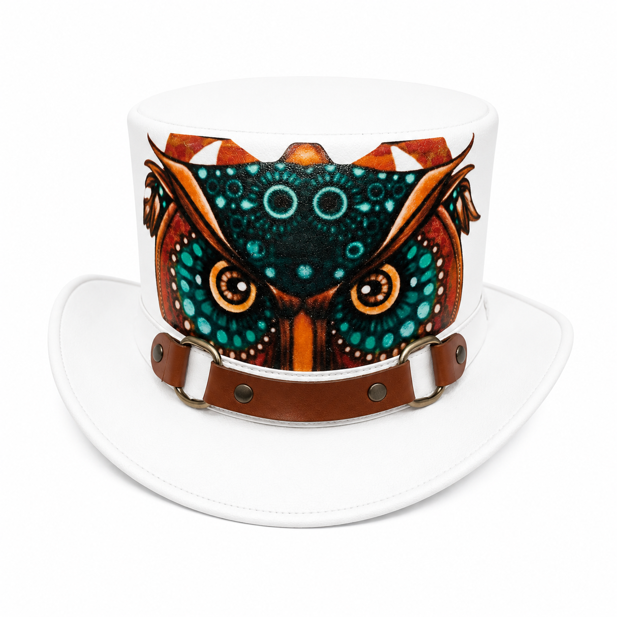 Handmade White Leather Top Hat with Owl Design  Statement Headwear
