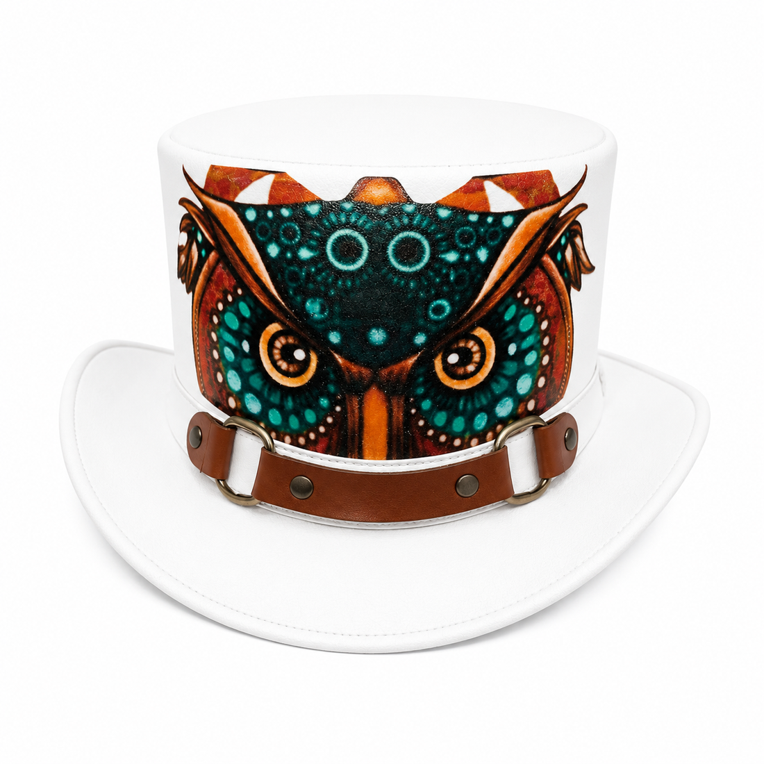 Handmade White Leather Top Hat with Owl Design  Statement Headwear