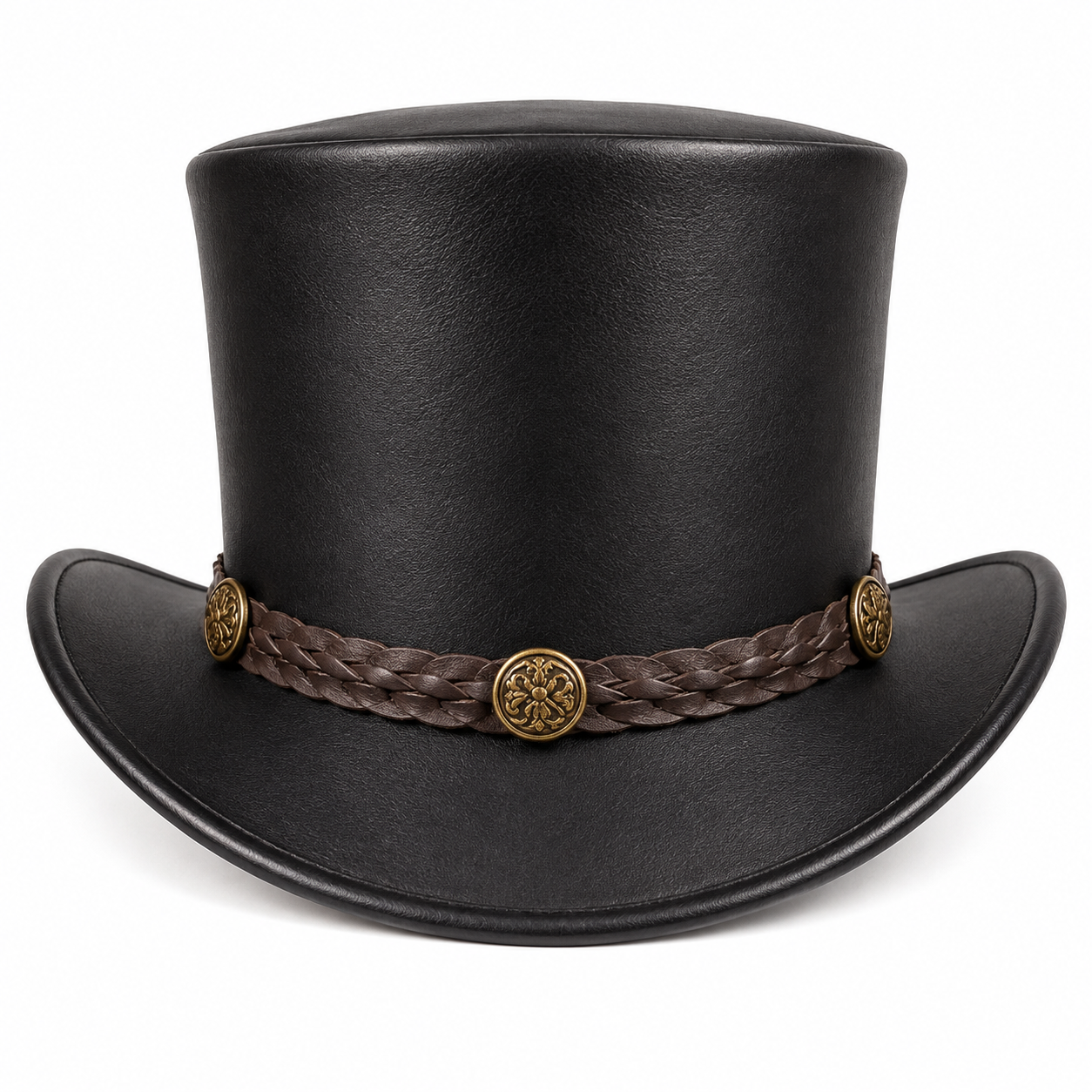 Handmade Black Leather Top Hat with Brown Band Western Steampunk Gothic Festival Wear