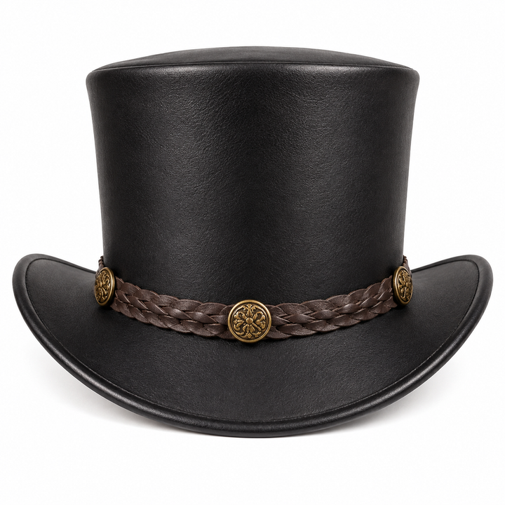 Handmade Black Leather Top Hat with Brown Band Western Steampunk Gothic Festival Wear