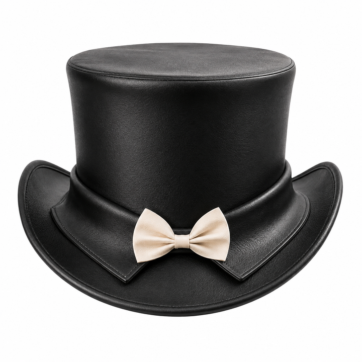 Handmade Black Leather Top Hat with Bow Victorian Steampunk Wedding Formal Hat