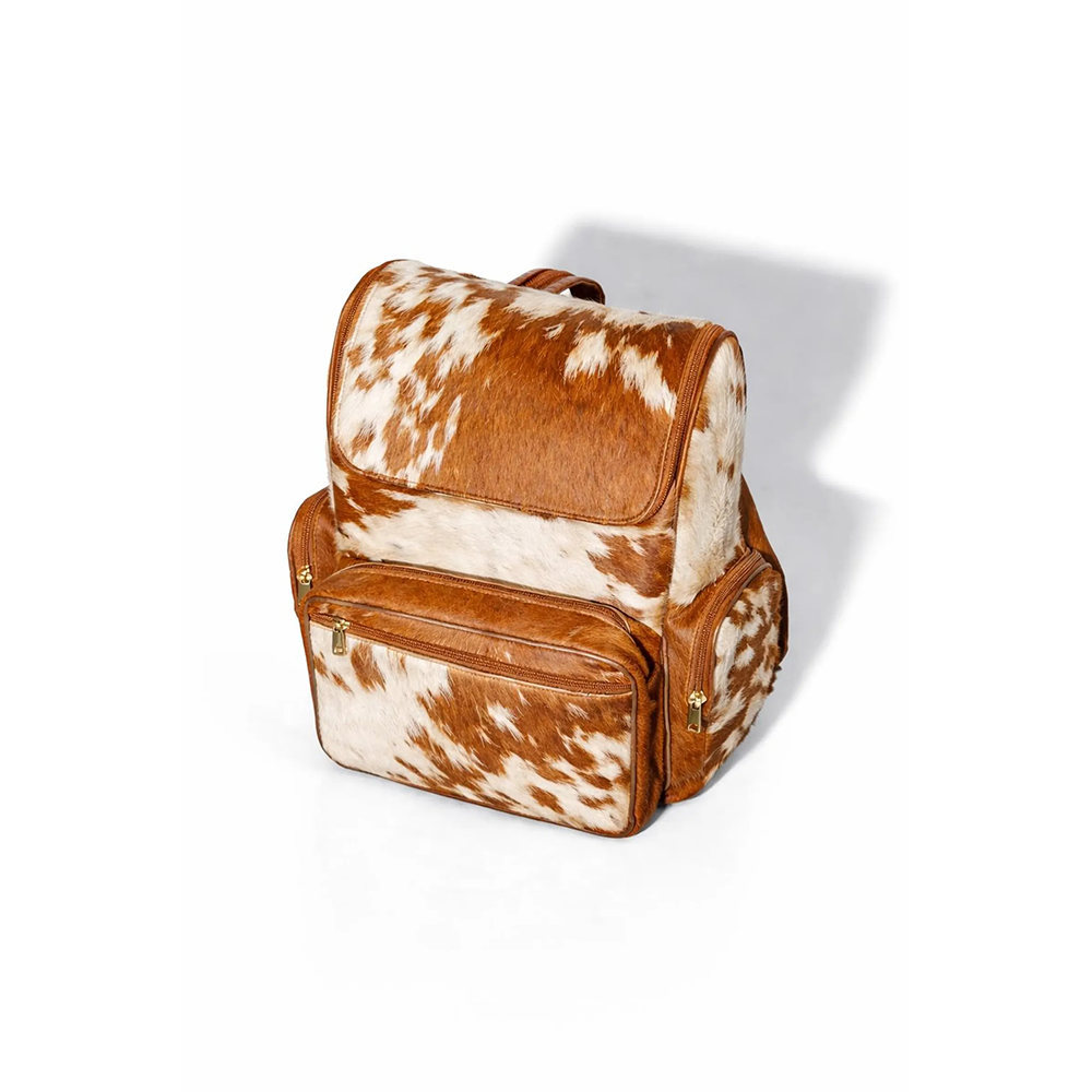 Handmade Genuine Cowhide Backpack  Tan & White Spotted Leather Backpack  Large Western