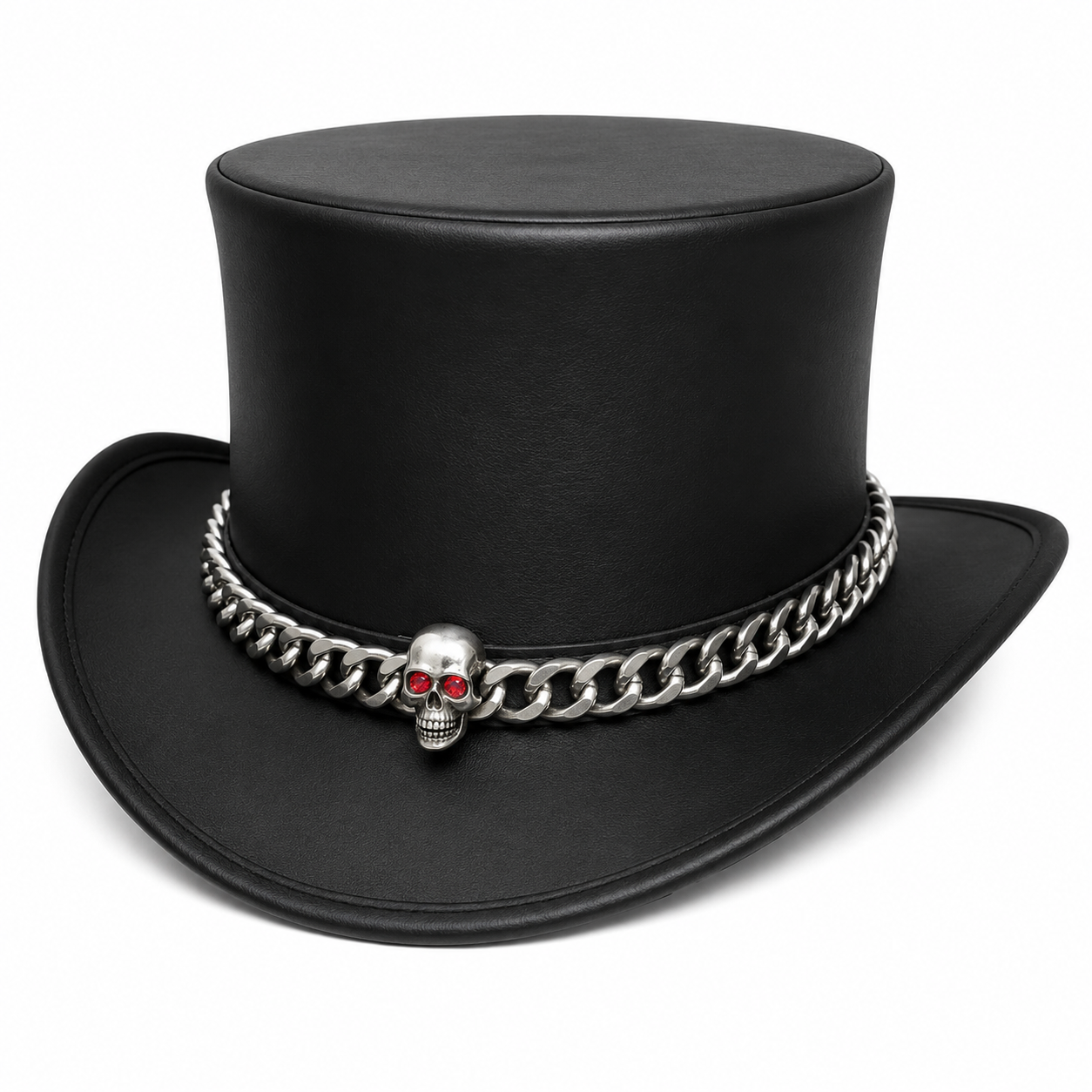 Handmade Leather Top Hat Black Gothic Steampunk Hat with Skull Chain
