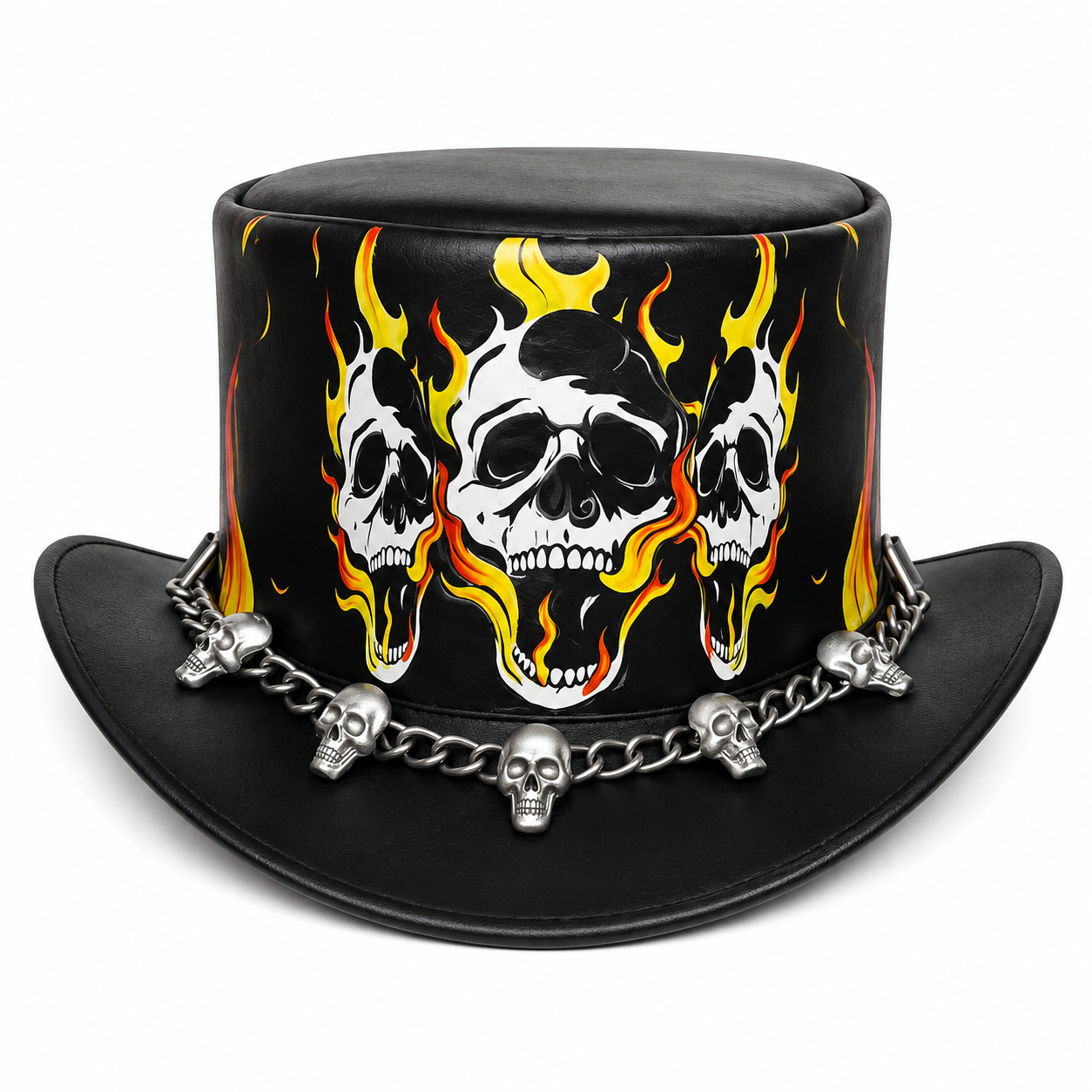 Handmade Black Leather Skull Top Hat With Flames Steampunk Gothic Rocker Festival Hat