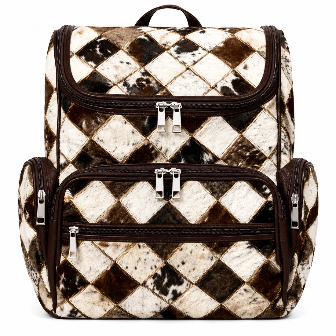 Handmade Cowhide Hair On Backpack  Diamond Patchwork Leather Rucksack