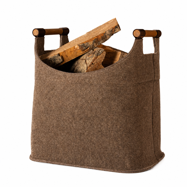 Felt firewood basket for firewood large 70 L with real wood handles