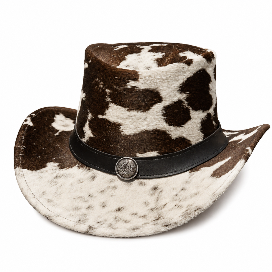 Handmade Unisex Cowhide Hair On Leather Top Hat  Western Band Festival Style