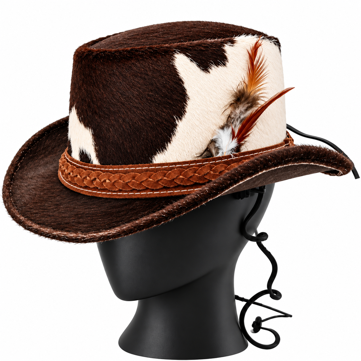 Mens Cowhide Leather Cowboy Hat Spotted Brown Braided Band Western Steampunk