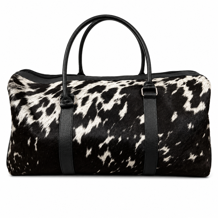 Black and White Cowhide Duffle Bag Handmade Hair on Leather Travel Bag