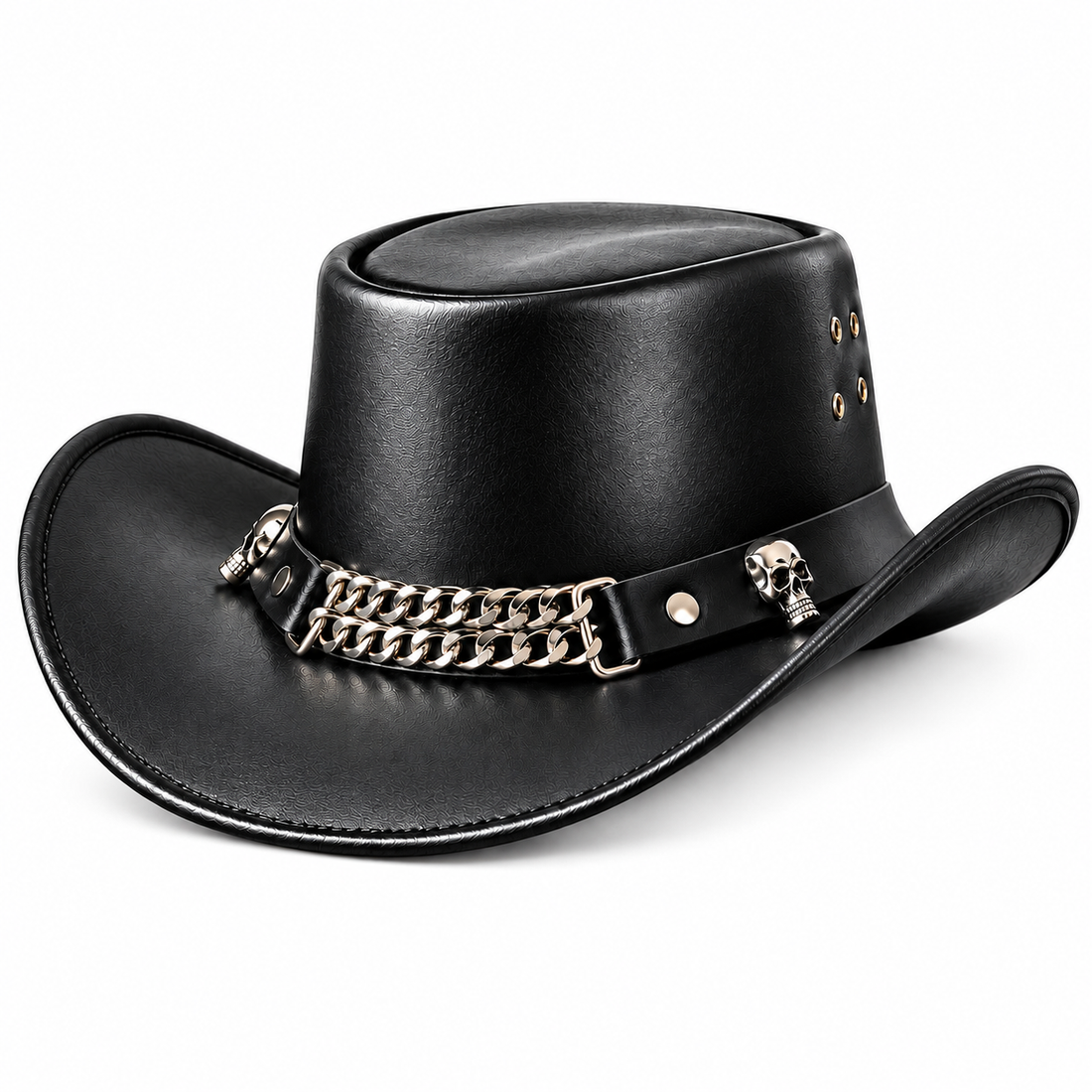 Mens Black Leather Cowboy Hat Chain Band Western Steampunk Gothix