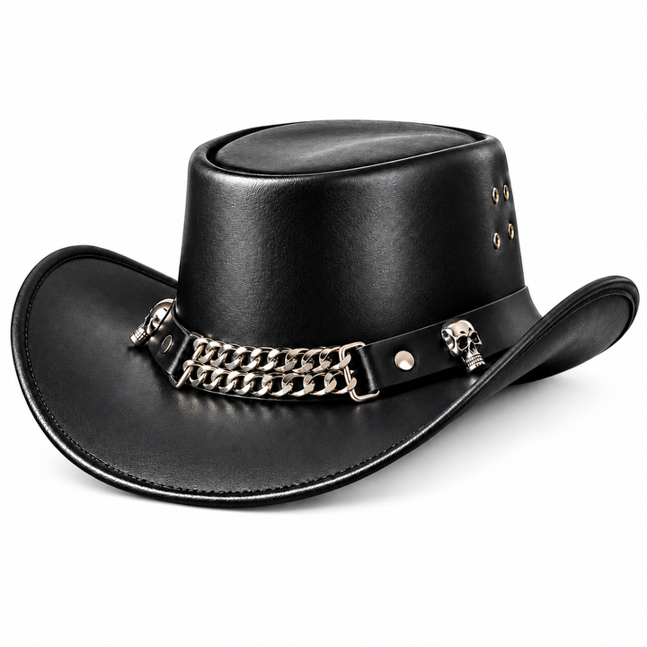 Mens Black Leather Cowboy Hat Chain Band Western Steampunk Gothix