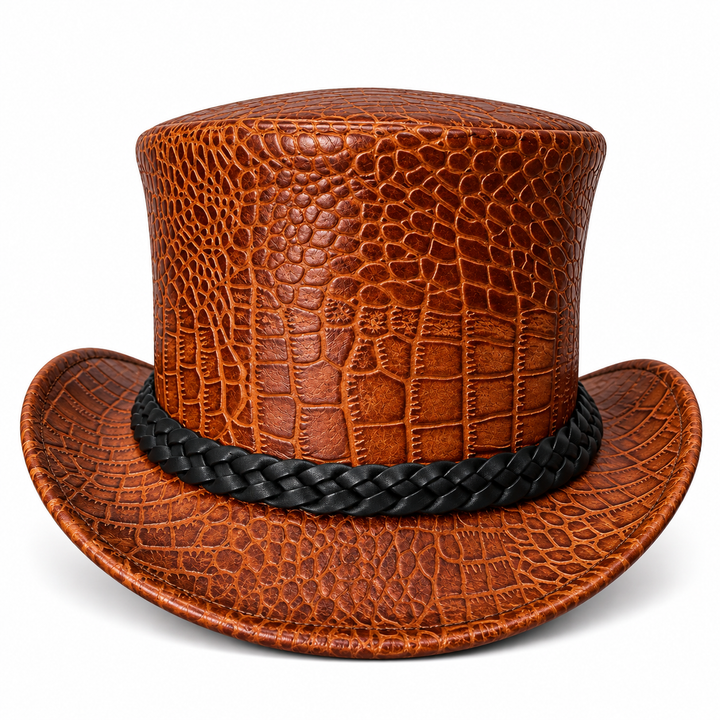 Brown Croc Embossed Genuine Leather Steampunk Top Hat Braided Band Gothic