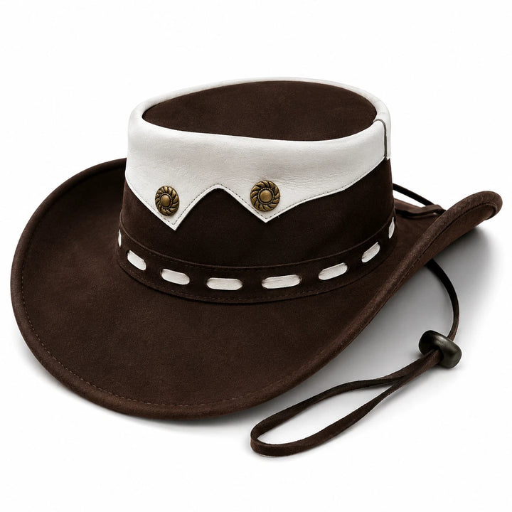 Brown Leather Cowboy Hat Western Concho Studs White Band Chin Strap Rancher