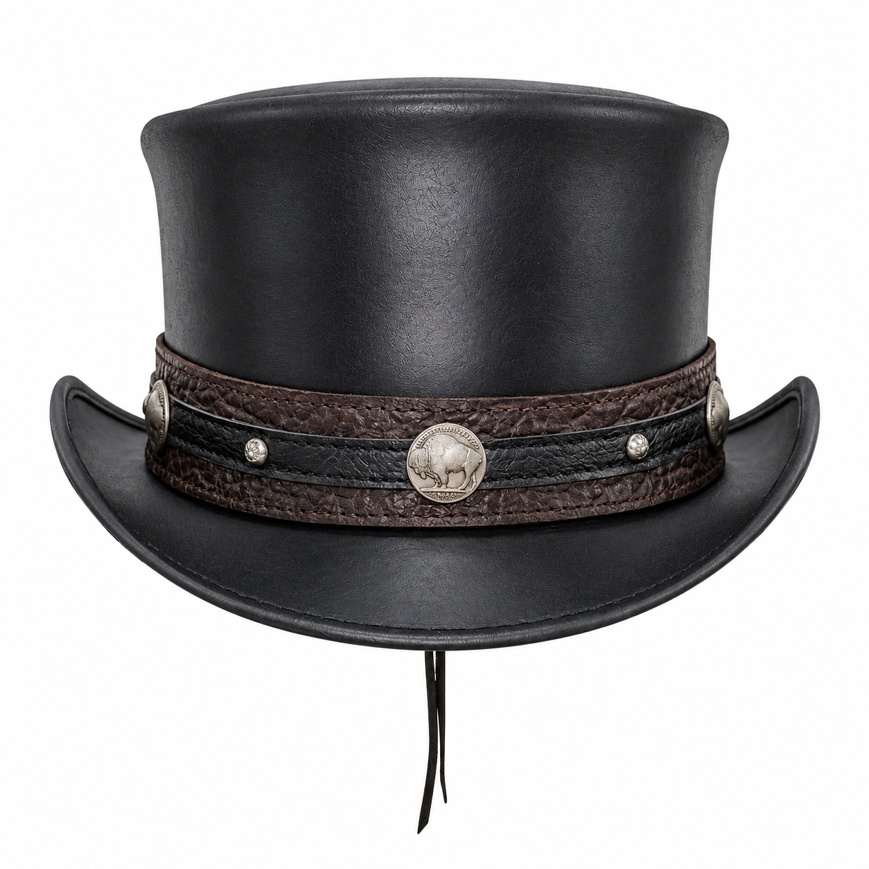 Black Leather Top Hat Handmade Bull Nickle Style Band Victorian Hat Steampunk
