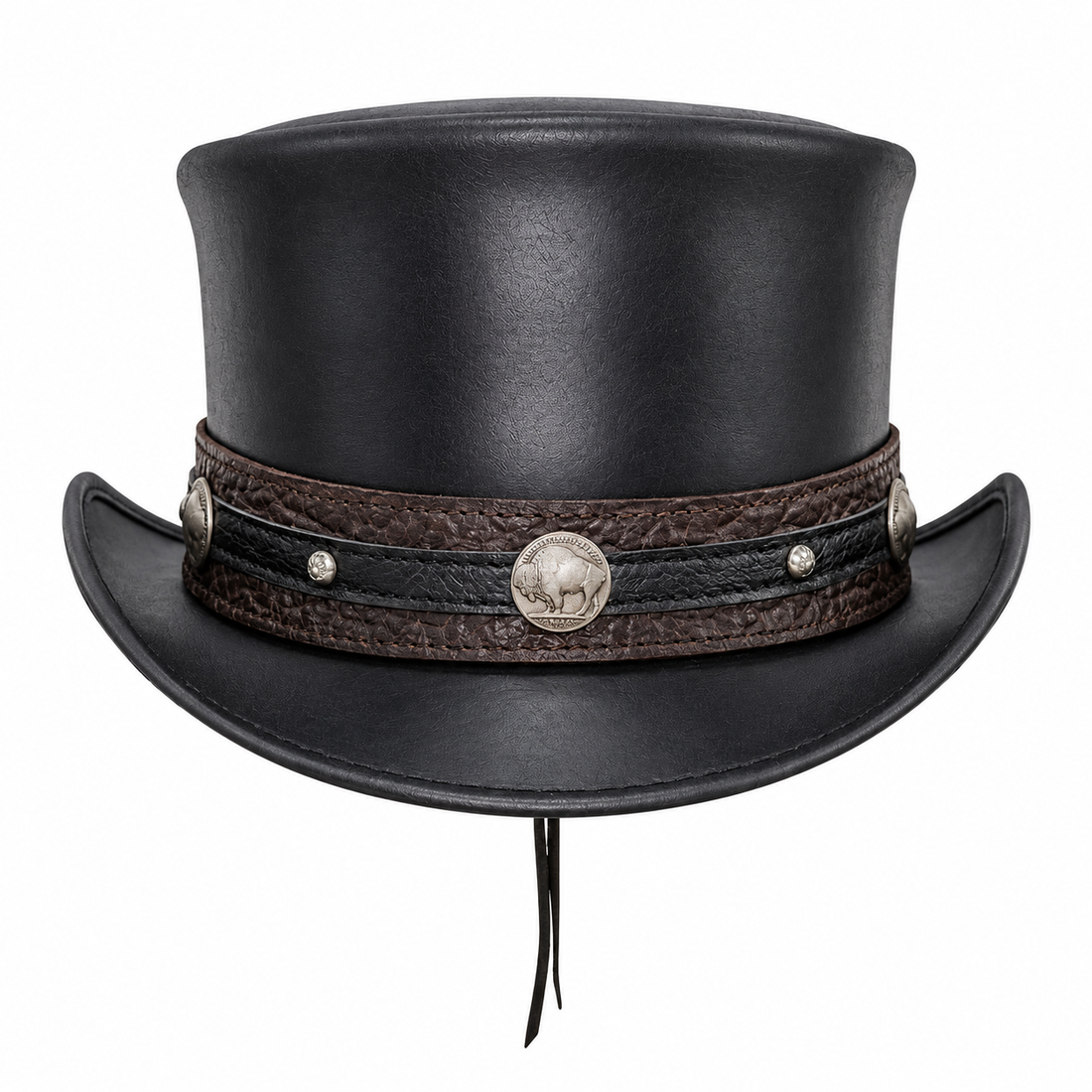 Black Leather Top Hat Handmade Bull Nickle Style Band Victorian Hat Steampunk