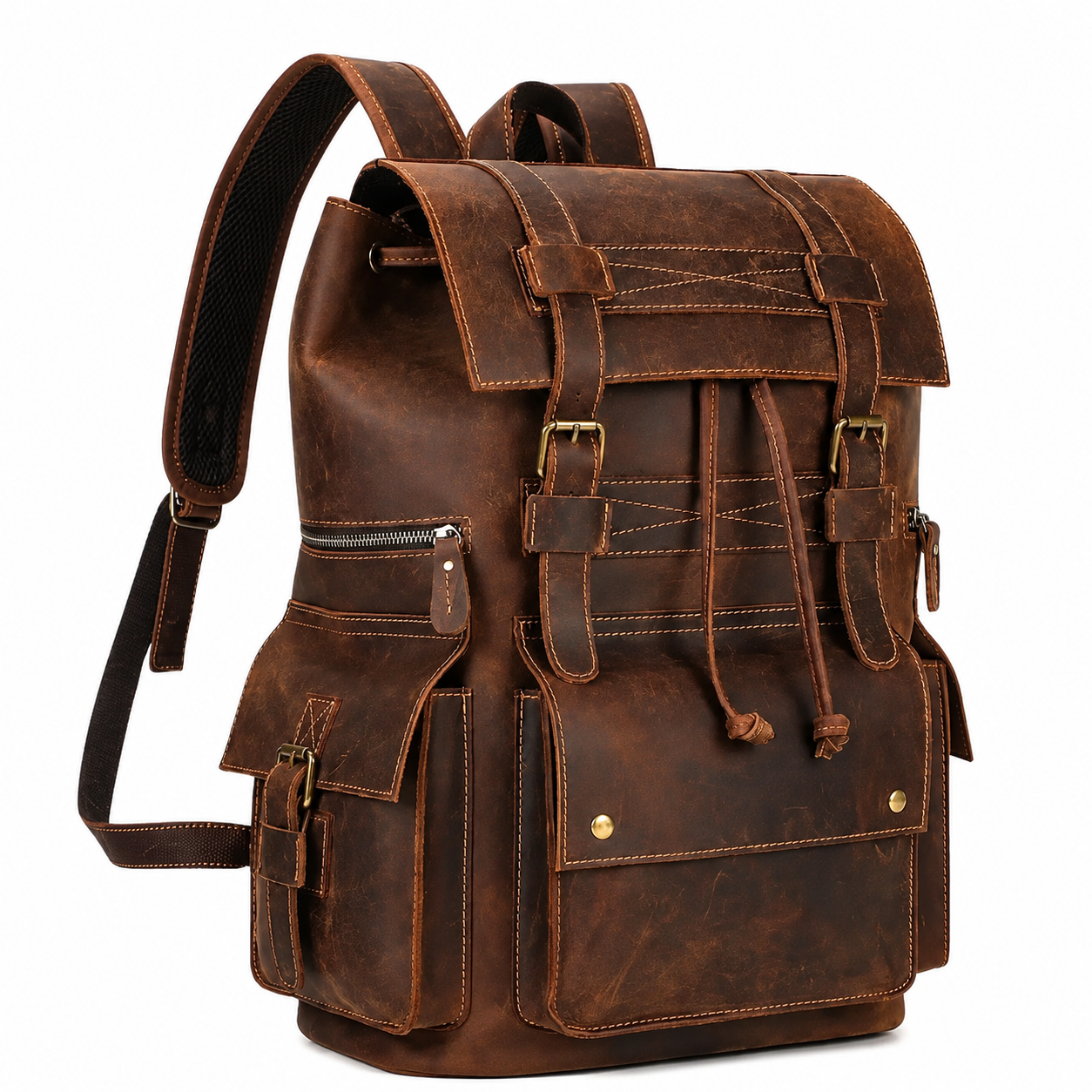 Brown Saddleback Backpack- Roll Top