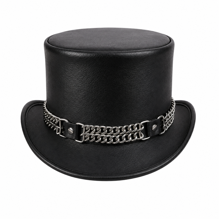 Handmade Black Leather Top Hat with Chain Gothic Steampunk Victorian Cosplay