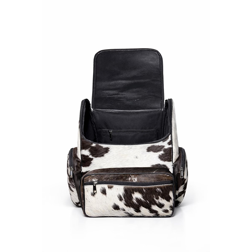 Handmade Genuine Cowhide Backpack  Black & White Spotted Leather Backpack  Large Western