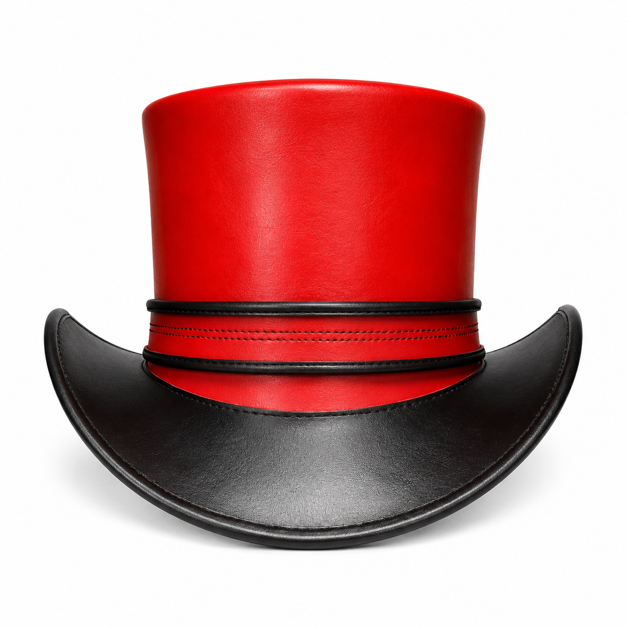 Handmade Red Leather Top Hat Steampunk Cosplay Hat with Black Brim Band