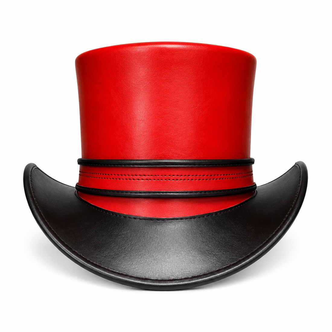 Handmade Red Leather Top Hat Steampunk Cosplay Hat with Black Brim Band