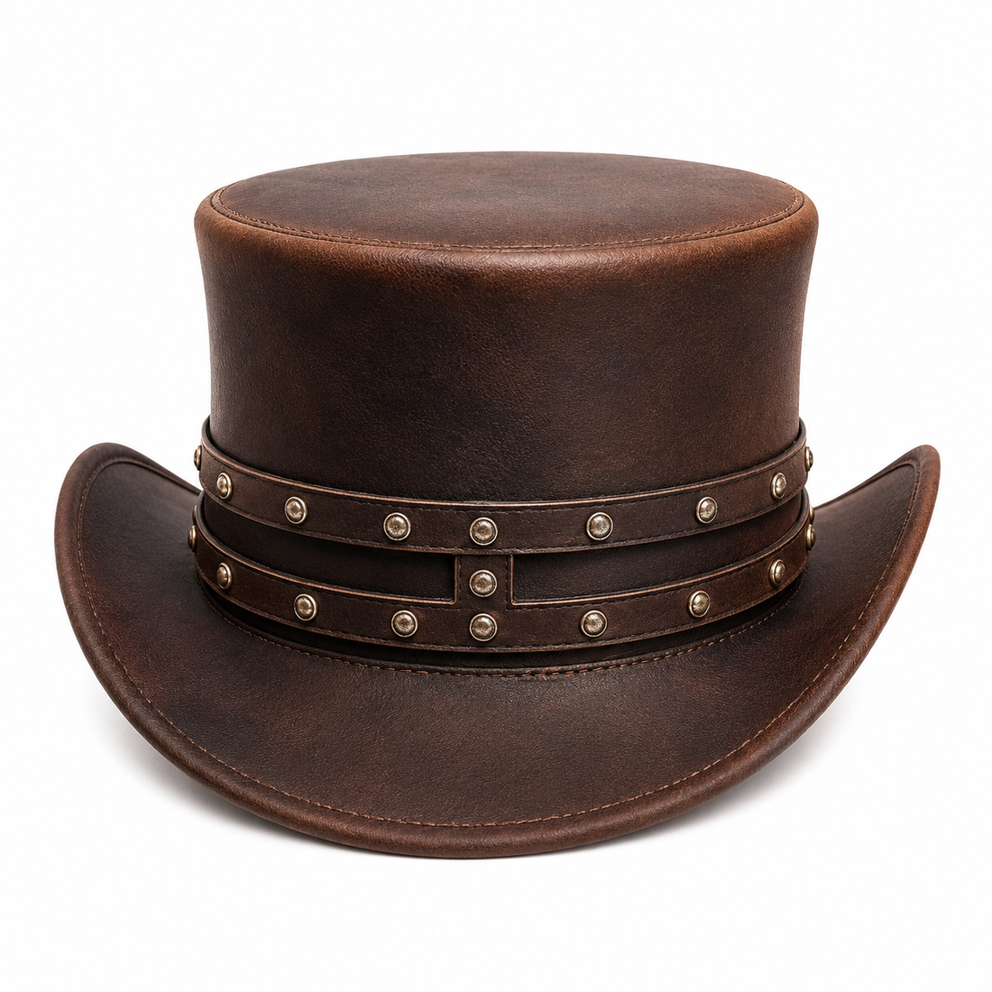 Handmade Top Hat Brown Leather Rivet Victorian Steampunk Gothic Cosplay Costume Hat